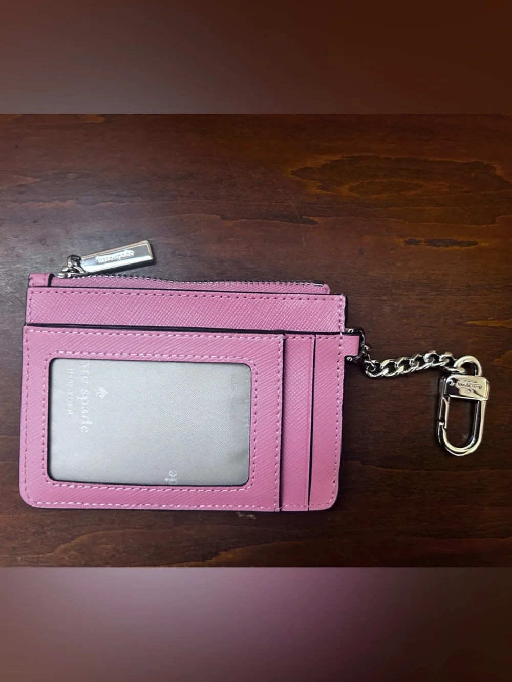 kate spade pink leather key & card holder with chain